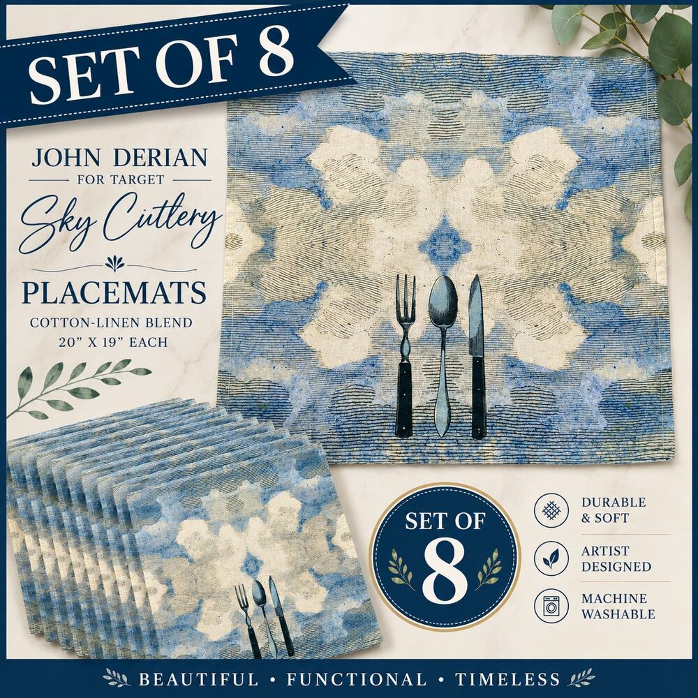 John Derian for Target Sky Cutlery Cloth Placemats Blue Cream Set of 8 20x20